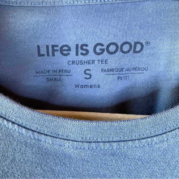 Life is Good Womens Crusher Tee Sz S Blue PEACE LOVE COFFEE Graphic Short Sleeve - Picture 6 of 10